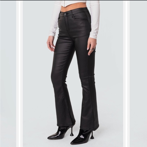 Black Leather Pants Edikted Luna Faux Leather Flare Jeans Black - Picture 1 of 3
